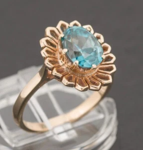 9ct Yellow Gold & Natural Blue Zircon Ring Vintage 1960's Modernist Petal Design - Picture 1 of 8