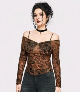 L PAISLEY PRINCESS COLD SHOULDERS SLIMMING U HEM RUCHED MESH RUFFLED DRESS TOP - Picture 1 of 6