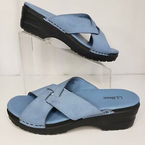 LL Bean Size 8.5 Slide Blue Leather Sandals Woven Upper Platform Brazil