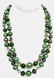 VINTAGE VENDOME Rich Green Beads Double Strand Necklace w Crystals; Great Clasp - Picture 1 of 9