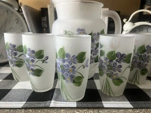 Vintage Frosted Glass Juice Set Pitcher & And 6 Glasses Hand Painted (A6) - Picture 1 of 8