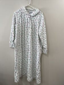 Lanz Of Salzburg Flannel Nightgown Large White Floral Long Sleeve Modest