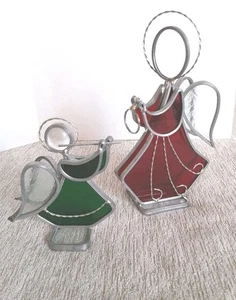 Vtg Stained Glass Angels Christmas Ornaments Suncatcher Set Of 2 Ships From USA - Picture 1 of 5
