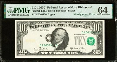 1969C Shifted Third Printing Error Fr. 2021-E $10 Federal Reserve Note. PMG Choi - Image 1 of 2