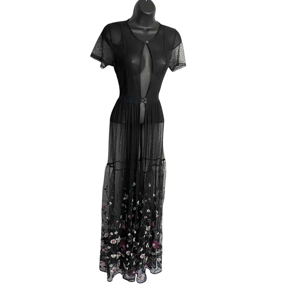 Plumero de encaje transparente Kimono para mujer S negro floral bordado malla Boho Fairy Foto 1 de 4
