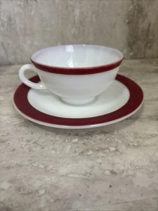 1950s Collectible Pyrex Cup & Saucer Milk Glass - Burgundy And White EUC - Picture 1 of 7