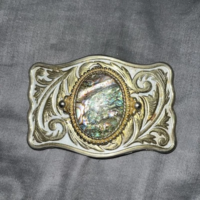 VINTAGEBRASS BELT BUCKLE WITH ABALONE INSERT - Image 1 of 3