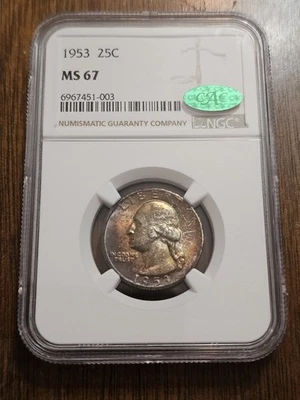 1953 NGC & CAC MS67 Gorgeous Mint Set Toned Color Washington Silver Quarter PQ - Image 1 of 4