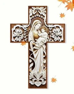 Wooden Cross Mary & Christ Gypsy Christian Home Crucifix Jesus - Picture 1 of 3