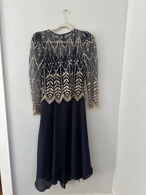 Cachet Dress 7/8 Women Long Formal Blue Layered Asymmetric Hem Embroidered Lace - Image 1 of 4