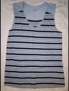 NWOT Three Dots Tee Top Navy Blue Stripes V- Neck Sz S - Picture 1 of 2