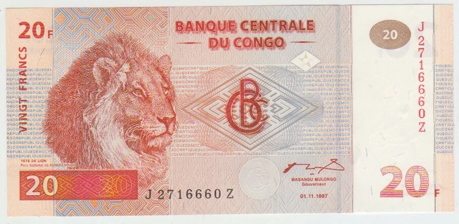 Congo D. Republic 20 Francs 1997 Pick 88A UNC Replacement - Image 1 of 1