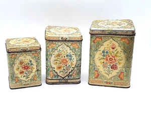Vintage Floral Square Nesting Tin Container w/Hinged Lid Embossed Holland Design - Picture 1 of 21