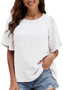 VIMPUNEC Damen Freizeit Rüschenärmel Bluse Bommel Sommer fließend Oberteil weiß (XL) - Bild 1 von 5