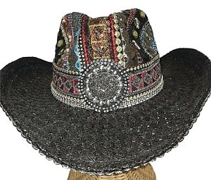 Whittall & Shon  Beaded Embroidered Western Hat Black Paper Straw Adjustable