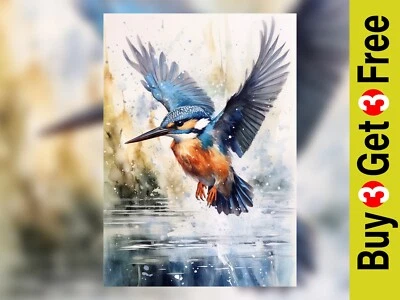 "Estampado de pintura en acuarela Flying Kingfisher - River Bird Art 5"" x 7" Foto 1 de 4