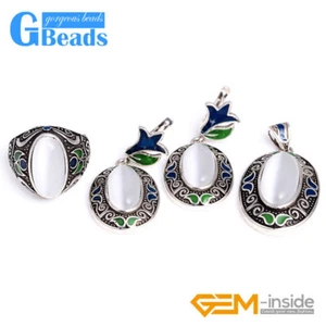 Pendientes colgantes de plata tibetana Cloisonne ojo de gato blanco conjunto de joyas - Imagen 1 de 28