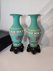 VTG 50s 60s Woven Cord Over Glass Chinese Scoubidou Vase Turquoise Blue-green  - Picture 1 of 10
