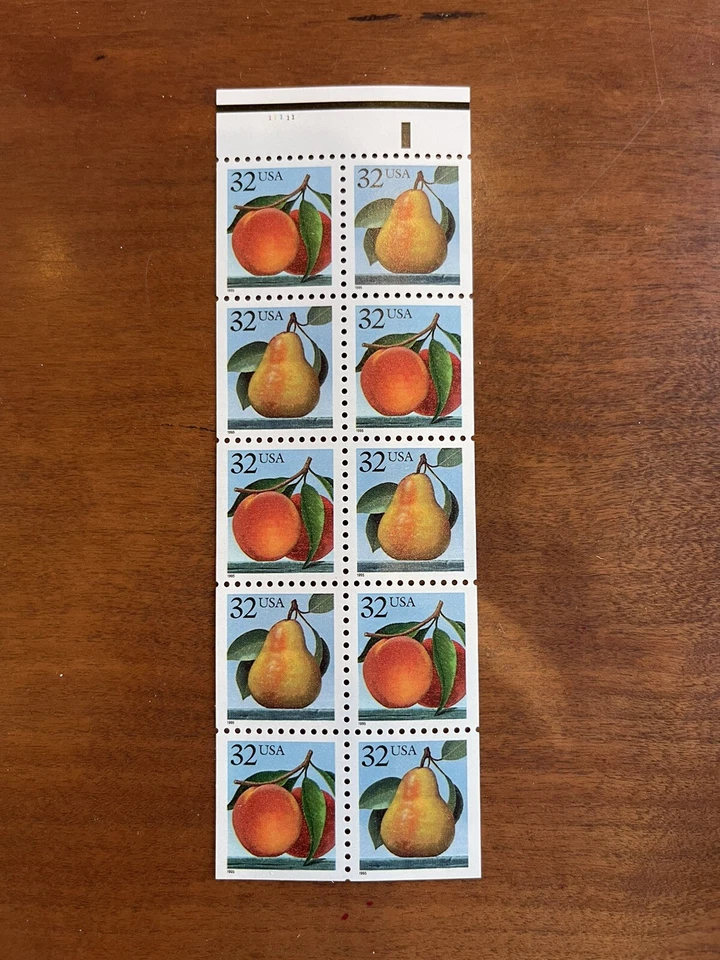 US Stamps, Scott #2488a Peaches & Pear pane10 never folded 32¢ XF/S M/NH VF 1995 - Image 1 of 2
