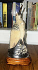 Vintage Hand Carved Water Buffalo Horn Long Beak Bird On Wood Stand