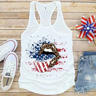 NEW! Leopard Cheetah USA Patriotic Lips Independence Memorial 4th July T-shirts  - Image 1 of 4