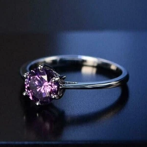 Round Cut Simulated Purple Amethyst Pretty Wedding Ring In 14k White Gold Plated - Picture 1 of 5