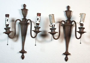 Pair Antique Neoclassical Two Arm Wall Sconces Pull Chain - Picture 1 of 14