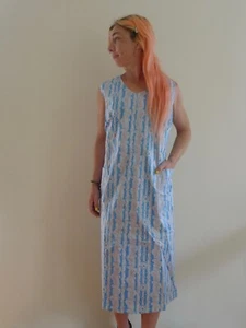 Vintage 60s NWOT 18 2XL plus size botton blue white paisley shift midi dress - Foto 1 di 9