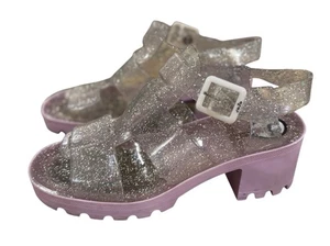 Sandalias JuJu Babe 8 para mujer de gelatina plateadas brillantes con tiras de tacón grueso - Imagen 1 de 8