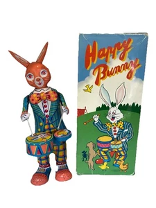 Vintage Happy Bunny Tin Litho Drum Playing Bunny MS 298 in Original Box - Picture 1 of 7