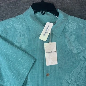 Tommy Bahama Bali Border 100% Silk Camp Shirt Floral Hawaiian Green Sz M NEW - Picture 1 of 8