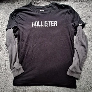 Camisa Hollister Para Hombre Pequeña Negra Gris Manga Larga En Capas Look Calce Relajado - Imagen 1 de 8