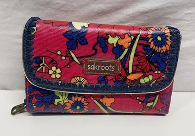 Sakroots Tri-Folding Wallet Cards ID Pocket Peace Floral BlueEmbroidery Trim - Image 1 of 4
