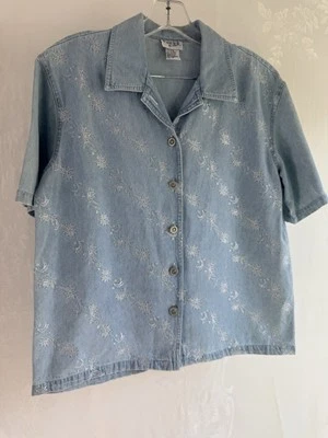 Teddi Floral Denim Button Up Short sleeve Top 90s Cotton Small - Image 1 of 4
