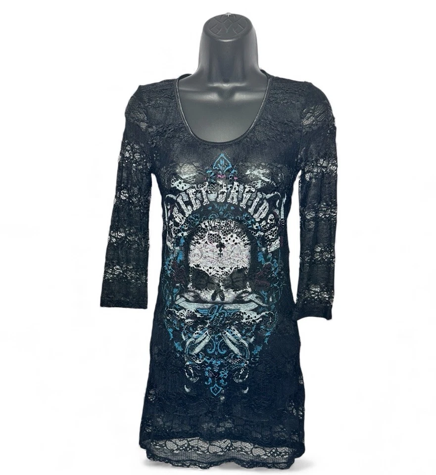 Harley Davidson Black Lace Skull Print 3/4 Sleeve Mini Dress Blouse size Small - Image 1 of 4