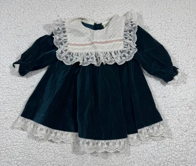 Vintage Baby Girls Emerald Green Velvet Ruffle Dress Size 12 months Cottagecore - Image 1 of 4