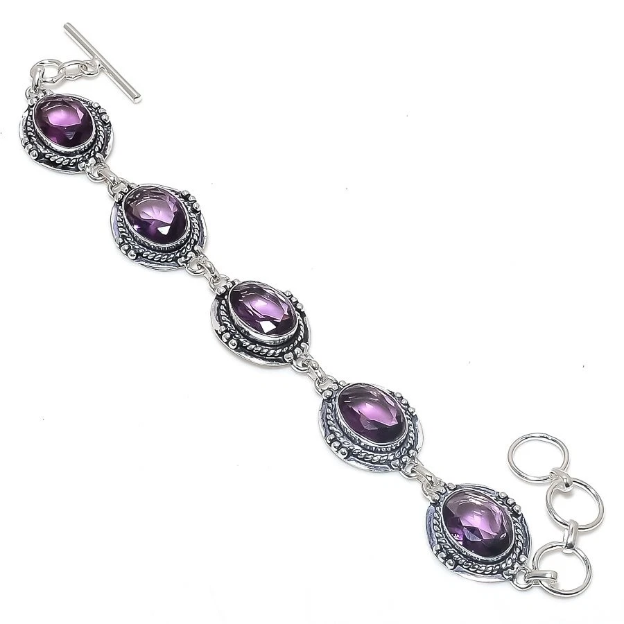 Brazalete de joyería de plata de ley 925 hecho a mano con piedras preciosas de amatista púrpura talla 7-8" Foto 1 de 1