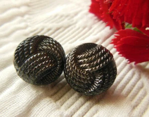 Duo boutons en verre anciens noir argenté effet tissé petits 1,2 cm D6I - Picture 1 of 4