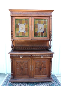 French Antique Oak Renaissance Hutch | Buffet w/ Stained Glass Cabinet Doors - Picture 1 of 15