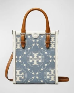 NEU Tory Burch kleine Umhängetasche "T" Monogramm blau Denim & Leder Top-Griff - Bild 1 von 12