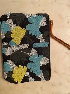 Anthropologie Beaded Cotton Leather Clutch New $128 Retail - Picture 1 of 5