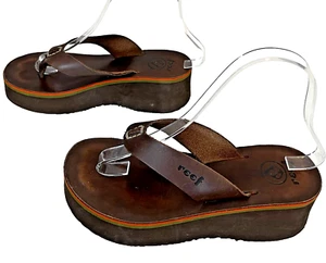 Reef Women's Flip Flops Size 6 Brown Leather Foam Platform Y2K Thong Sandal - Picture 1 of 9
