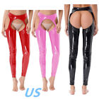 US Womens Faux Leather Tights Pants Cutout Stretchy Crotchless Trousers Clubwear