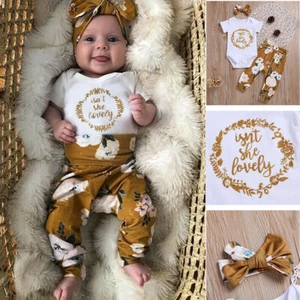 Outfits Kleidung für Neugeborene Kinder Baby Mädchen Blume Strampler Body Stirnband Hose - Bild 1 von 6