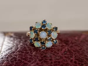 Einzigartiger Vintage Opal und Saphir 14kt Gelbgold Cluster Ring Größe: UK M ~ US 6 - Bild 1 von 9
