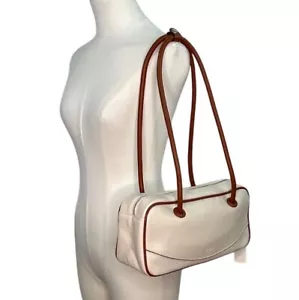 Cluci White & Brown Long Straps & Zipper Closure Shoulder Tote Bag Sz M - Picture 1 of 15