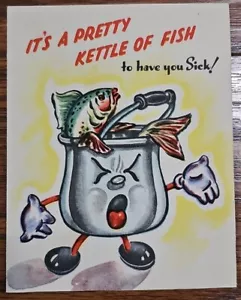 40er Jahre Get Well Soon Karte Vintage Fischkessel mit Original Umschlag ✉️ - Bild 1 von 4