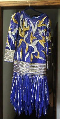 Vestido de cóctel vintage años 80 lentejuelas talla S hombreras 100% seda azul real Foto 1 de 4