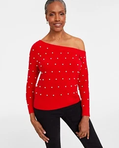 Suéter de Lujo Cashmere Charter Club Para Mujer Pequeño Rojo Holida Perlas Fuera del Hombro - Imagen 1 de 6