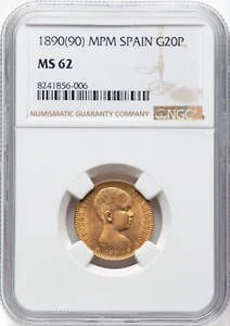 SPAIN , GOLD 20 PESETAS 1890 (90) MPM - NGC MS 62 , RARE11 - Picture 1 of 2